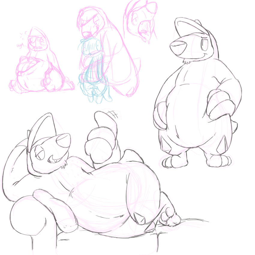 abdominal_bulge ambiguous_gender anthro beckoning drilbur drooling duo emusal featureless_crotch hi_res imminent_vore licking licking_lips lying mammal naughty_face navel nintendo on_couch on_side open_mouth pinup pok&eacute;mon pok&eacute;mon_(species) pose reptile saliva scalie scraggy sketch_page slightly_chubby standing tongue tongue_out uhoh video_games vore wide_eyed