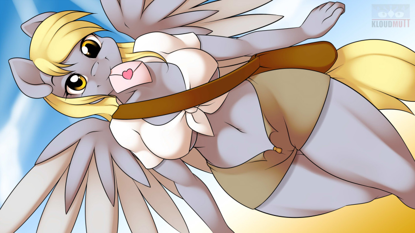 16:9 2014 anthro anthrofied bag blonde_hair breasts cleavage clothed clothing derp_eyes derpy_hooves_(mlp) digital_media_(artwork) equine feathered_wings feathers female friendship_is_magic grey_feathers hair kloudmutt mammal messenger_bag my_little_pony navel pegasus shorts solo wings yellow_eyes