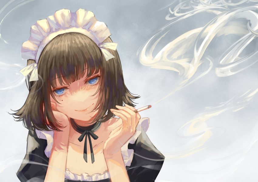 bangs black_ribbon blue_eyes brown_hair choker cigarette commentary_request eyebrows_visible_through_hair hand_on_own_cheek head_rest head_tilt highres holding holding_cigarette looking_at_viewer maid maid_headdress mole mole_under_eye neck_ribbon original portrait ribbon short_hair smile smoke smoking solo tamarashi