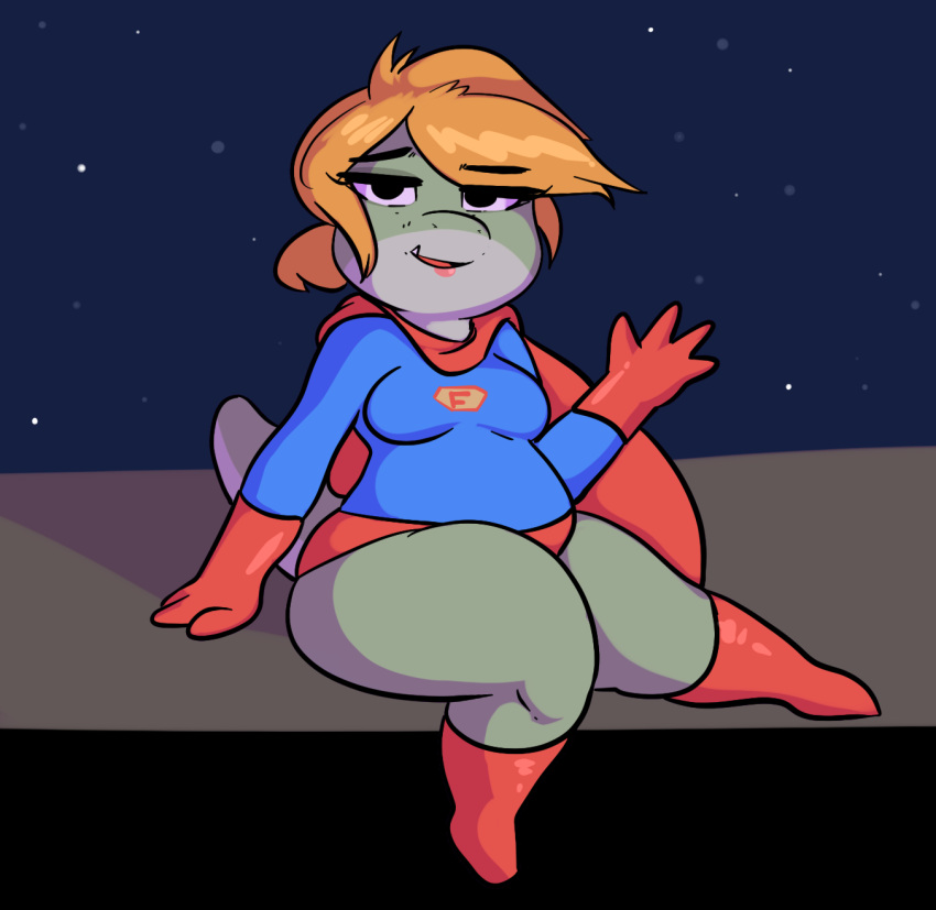 2016 anthro breasts cape clothing costume female frannie_(sprocket) gloves green_skin hair halloween hi_res holidays legwear looking_at_viewer night orange_hair overweight reptile scalie sitting sky slightly_chubby snaggletooth solo sprocket_(artist) star starry_sky stockings superhero superman wide_hips