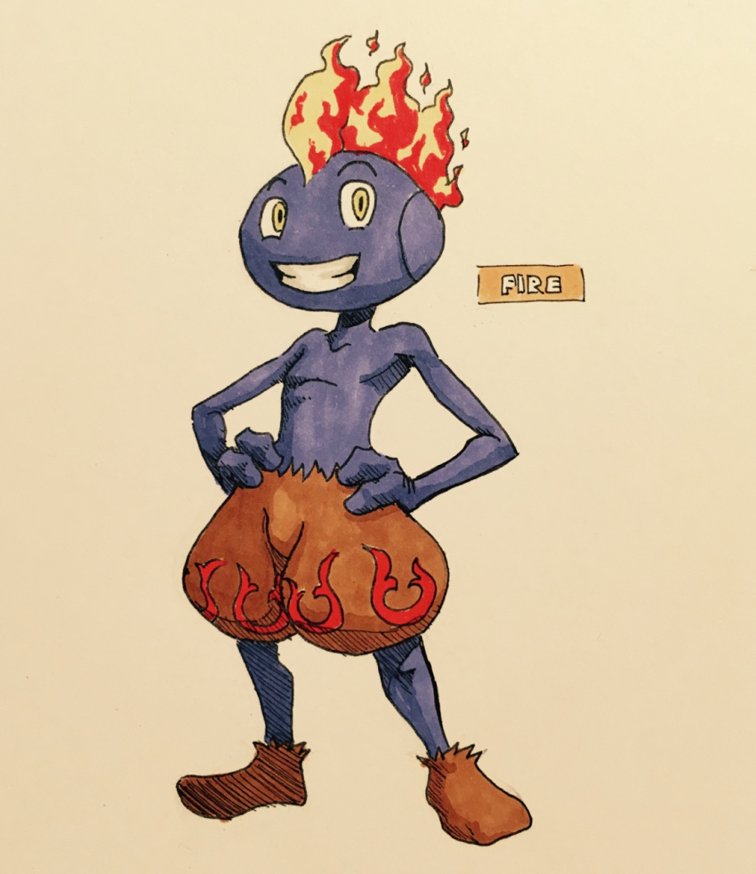 2017 2_fingers alternate_color athletic biped brown_bottomwear bulge clothed clothing english_text fak&eacute;mon fire firefightdex flaming_hair footwear front_view full-length_portrait grey_skin hair hand_on_hip hatching_(technique) hi_res humanoid looking_at_viewer male marker_(artwork) mfanjul mixed_media mohawk nintendo not_furry pants pecs pen_(artwork) plantigrade pok&eacute;mon pok&eacute;mon_(species) portrait shadow shoes simple_background smile solo standing text toony topless traditional_media_(artwork) tyrogue video_games white_background yellow_eyes