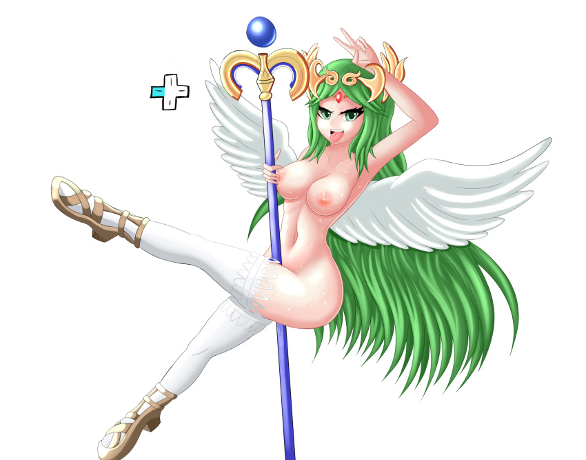 1girl angel angel_wings areolae breasts crown ecstasy_(icyblue) erect_nipples female functionally_nude goddess goddess_headdress green_eyes grinding highres jewelry kid_icarus kid_icarus_uprising large_breasts long_hair naughty_face navel nintendo nipples open_mouth open_toe_shoes palutena pole_dancing pussy_juice pussy_juice_trail shoes simple_background staff stockings super_smash_bros super_smash_bros. sweat sweaty thick_thighs thighs tongue_out v very_long_hair wide_hips wings