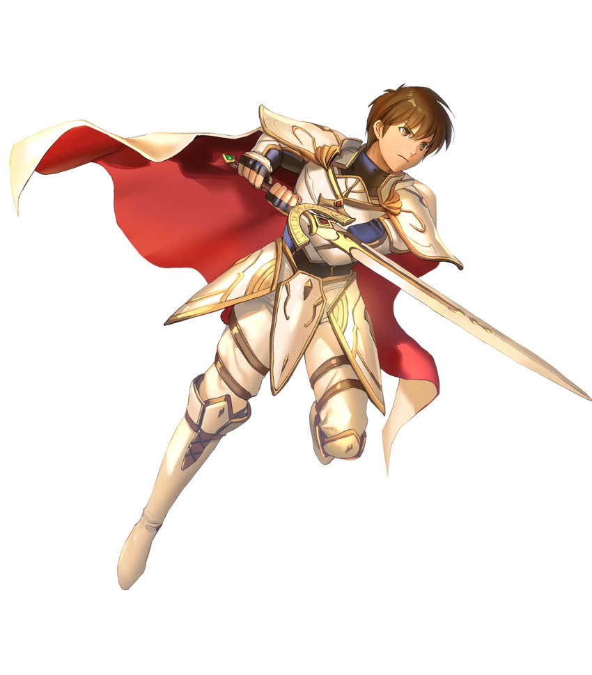 aoji_(aoji-web) armor bangs boots brown_eyes brown_hair cape closed_mouth eyebrows_visible_through_hair faulds fingerless_gloves fire_emblem fire_emblem:_thracia_776 fire_emblem_heroes full_body gauntlets gloves highres holding holding_sword holding_weapon knee_boots leaf_(fire_emblem) leg_up looking_away male_focus official_art pants short_hair shoulder_armor solo sword transparent_background weapon white_footwear
