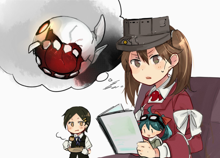 ahoge annin_musou black_hair book brown_eyes brown_hair comic commentary_request fairy_(kantai_collection) floating_fortress_(kantai_collection) gloves goggles goggles_on_head green_hair hair_ornament hairclip highres holding holding_book japanese_clothes kantai_collection kariginu kuroshio_(kantai_collection) long_sleeves magatama multiple_girls reading remodel_(kantai_collection) ryuujou_(kantai_collection) scarf shinkaisei-kan short_hair short_sleeves sweatdrop twintails visor_cap