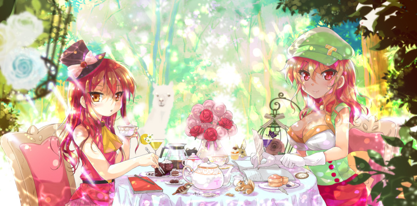 alpaca animal ascot bangs bird black_hat blurry blurry_foreground blush bow breasts brown_eyes brown_hair cabbie_hat cafe-chan_to_break_time cafe_(cafe-chan_to_break_time) cake chair cleavage closed_mouth commentary_request creamer_(vessel) cup day depth_of_field drink eyebrows_visible_through_hair flower food forest gloves green_hat green_shirt hair_between_eyes hat hat_bow highres holding large_breasts long_hair looking_at_viewer looking_to_the_side mini_hat mini_top_hat multiple_girls nature on_chair outdoors parted_lips pink_bow pink_flower pink_rose porurin quill red_eyes red_flower red_rose red_shirt rose saucer shirt sitting sleeveless sleeveless_shirt slice_of_cake smile squirrel table tea_(cafe-chan_to_break_time) teacup teapot top_hat white_flower white_gloves white_rose yellow_neckwear