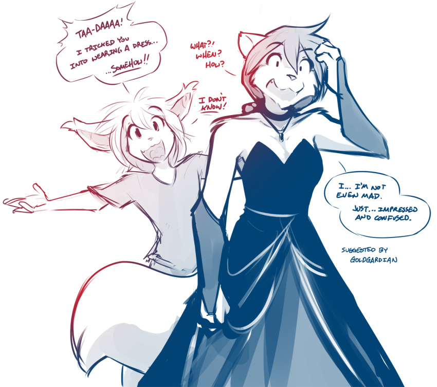 2018 anthro armwear bare_shoulders basitin breasts canine choker cleavage clothed clothing confusion dialogue dress duo elbow_gloves english_text evening_gown female gloves hand_on_head hi_res impressed jewelry keidran madelyn_adelaide mammal monochrome natani necklace open_mouth simple_background sketch smile text tom_fischbach twokinds webcomic white_background wolf yelling