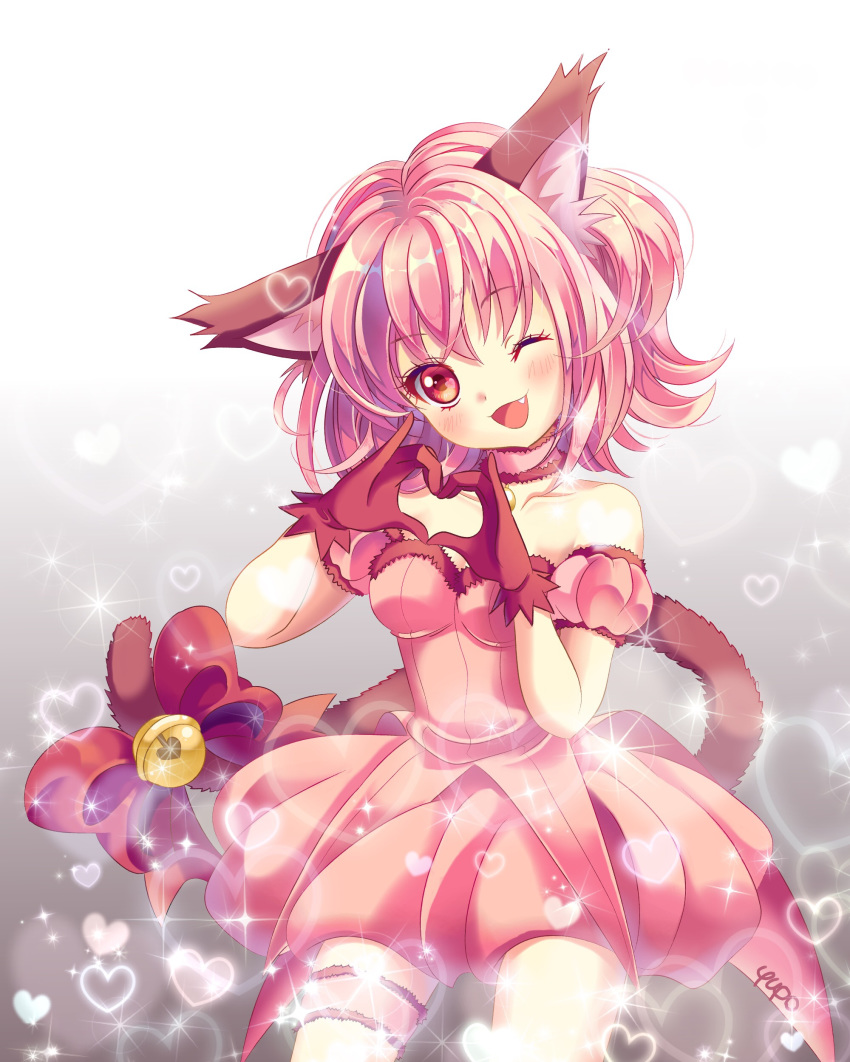 absurdres animal_ears bell bow breasts cat_ears cat_tail choker detached_sleeves dress fang gloves heart heart_hands highres magical_girl medium_breasts mew_ichigo momomiya_ichigo one_eye_closed open_mouth pink_choker pink_dress pink_eyes pink_hair puffy_detached_sleeves puffy_sleeves red_gloves short_hair smile solo tail tail_bow tokyo_mew_mew yupo_(yupo4069)