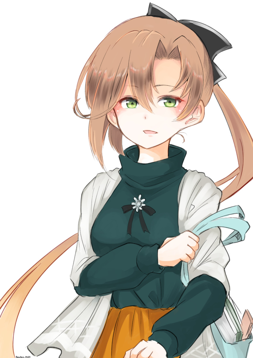 1girl akigumo_(kantai_collection) bag black_bow bow brown_hair eyebrows_visible_through_hair green_eyes green_sweater hair_between_eyes handbag highres kantai_collection long_hair long_sleeves looking_at_viewer open_mouth ponytail shawl simple_background skirt solo sweater white_background white_shawl yellow_skirt