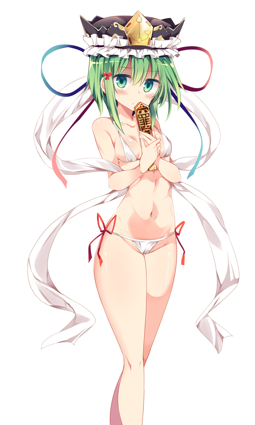 bare_arms bare_legs bare_shoulders bikini black_hat blue_ribbon blush bow breasts closed_mouth collarbone commentary_request eyebrows_visible_through_hair feet_out_of_frame frilled_hat frills gradient green_eyes green_hair groin hair_between_eyes hair_bow hands_together hands_up hat hat_ribbon head_tilt highres holding legs_together looking_at_viewer maturiuta_sorato micro_bikini minibow navel own_hands_together red_bow red_ribbon ribbon rod_of_remorse shawl shiki_eiki shiny shiny_hair shiny_skin short_hair side-tie_bikini sidelocks simple_background small_breasts solo standing stomach string_bikini swimsuit touhou white_background white_bikini