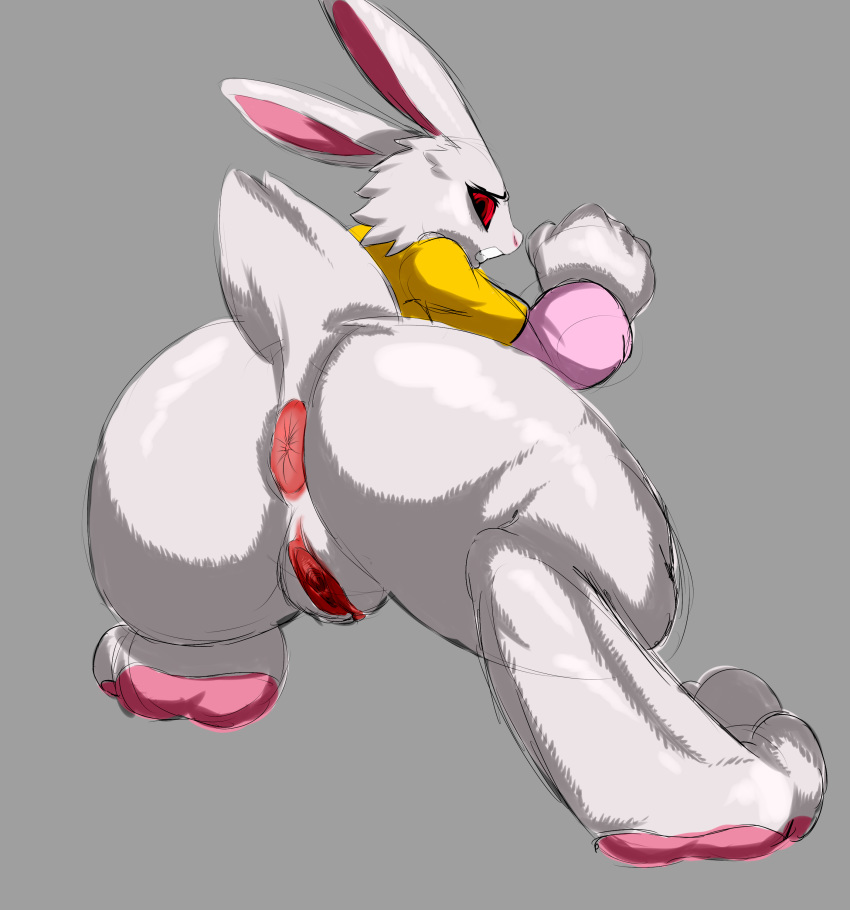 2016 alice_the_rabbit alternate_version_at_source anthro anus big_anus big_butt bloody_roar bottomless butt clothed clothing female grey_background hi_res jaynatorburudragon lagomorph mammal pussy rabbit red_eyes simple_background solo