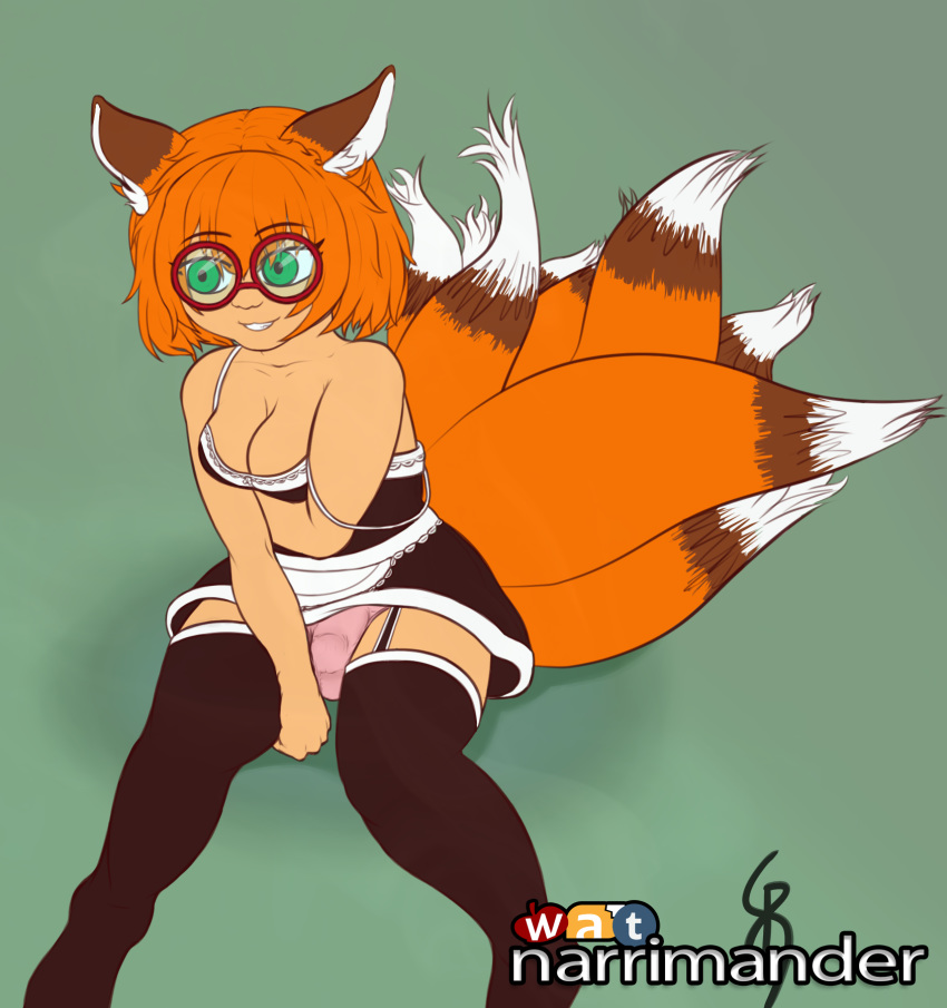 animal_humanoid breasts bulge canine cleavage clothed clothing dickgirl eyewear fox_humanoid glasses green_eyes hair humanoid intersex lace legwear maid_uniform mammal mayu_(character) narrimander_(artist) panties red_hair simple_background skirt slightly_chubby stockings underwear uniform