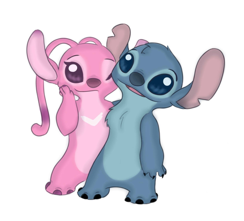 4_fingers 4_toes alien angel_(lilo_and_stitch) antennae black_claws blue_eyes blue_fur blue_nose chest_markings chest_tuft claws cute digital_drawing_(artwork) digital_media_(artwork) disney duo experiment_(species) female fur hand_on_face head_tuft lilo_and_stitch looking_at_viewer male markings notched_ear one_eye_closed open_mouth open_smile pink_fur purple_eyes purple_nose romantic_couple simple_background smile specky-arts standing stitch toes tuft white_background