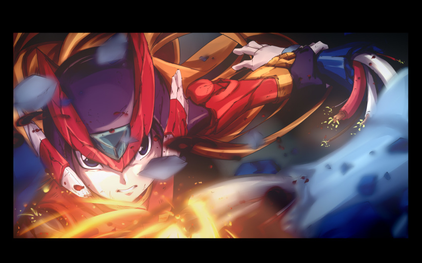 1boy android battle black_border black_eyes border fingerless_gloves frame gloves helmet highres long_hair male_focus mechanical_arm rockman rockman_zero serious solo_focus sparks teeth white_gloves wire zero_(rockman)