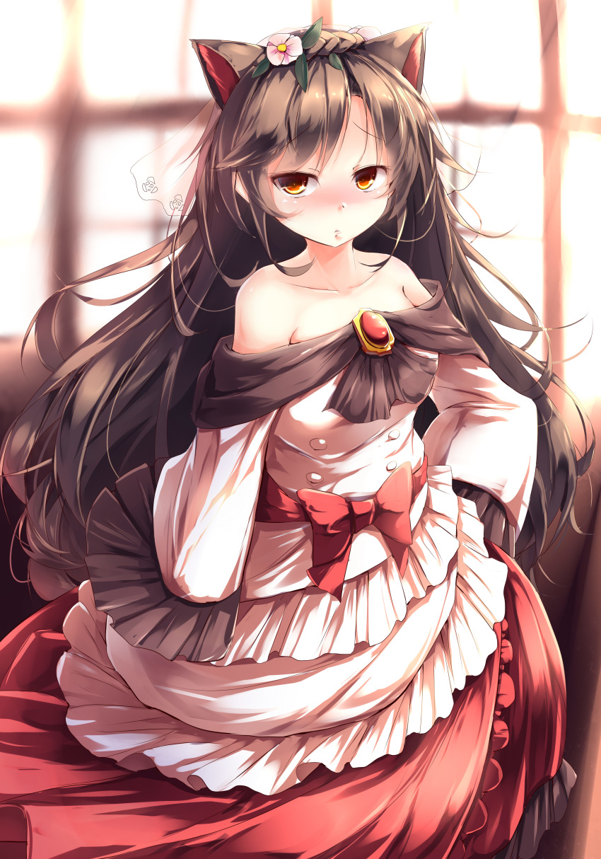 absurdres adapted_costume animal_ears bare_shoulders blush braid brooch brown_hair collarbone commentary_request dress embellished_costume flower frilled_sleeves frills frown hair_flower hair_ornament highres imaizumi_kagerou jewelry kanzakietc layered_dress long_hair long_sleeves looking_at_viewer off-shoulder_dress off_shoulder orange_eyes pout solo touhou veil very_long_hair wide_sleeves wolf_ears