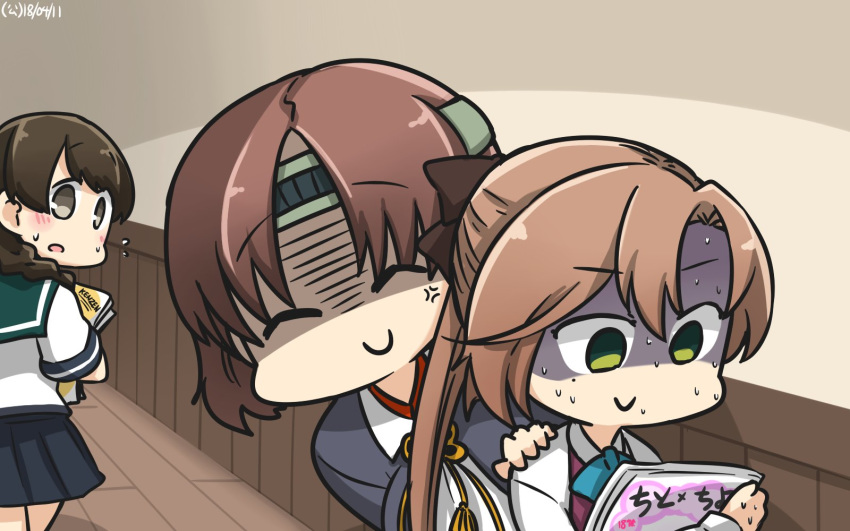 akigumo_(kantai_collection) anger_vein blouse blue_sailor_collar blue_skirt book braid brown_eyes brown_hair chiyoda_(kantai_collection) closed_eyes commentary green_eyes hallway hamu_koutarou headband highres kantai_collection long_hair multiple_girls pleated_skirt pornography reading sailor_collar school_uniform serafuku shaded_face short_hair single_braid skirt sweat sweating_profusely translated upper_body uranami_(kantai_collection)