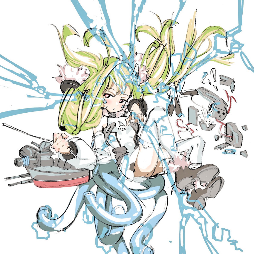 ahoge ankle_boots azur_lane bangs bare_shoulders black_footwear blonde_hair blush boots breasts bright_pupils cable clenched_hand clothes_writing detached_sleeves dress eldridge_(azur_lane) electricity eyebrows eyebrows_visible_through_hair facial_mark fetal_position fingerless_gloves floating_hair full_body gloves hair_ornament highres holding jitome long_hair long_sleeves looking_away looking_to_the_side machinery open_mouth orange_eyes saitama_(antitankromeo) short_dress single_glove sleeveless sleeveless_dress small_breasts solo static thighhighs turret twintails white_dress white_gloves white_legwear white_pupils wire