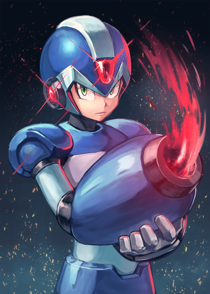 android arm_cannon commentary_request gloves gradient gradient_background green_eyes helmet highres kuroi_susumu looking_at_viewer male_focus rockman rockman_x serious solo weapon white_gloves x_(rockman)