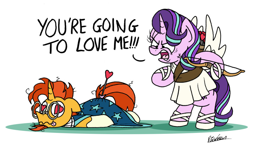 &lt;3 &lt;3_eyes 2018 bobthedalek bow_(weapon) cupid dialogue english_text equine eyewear female friendship_is_magic glasses horn male mammal my_little_pony ranged_weapon starlight_glimmer_(mlp) sunburst_(mlp) text tongue tongue_out unicorn weapon