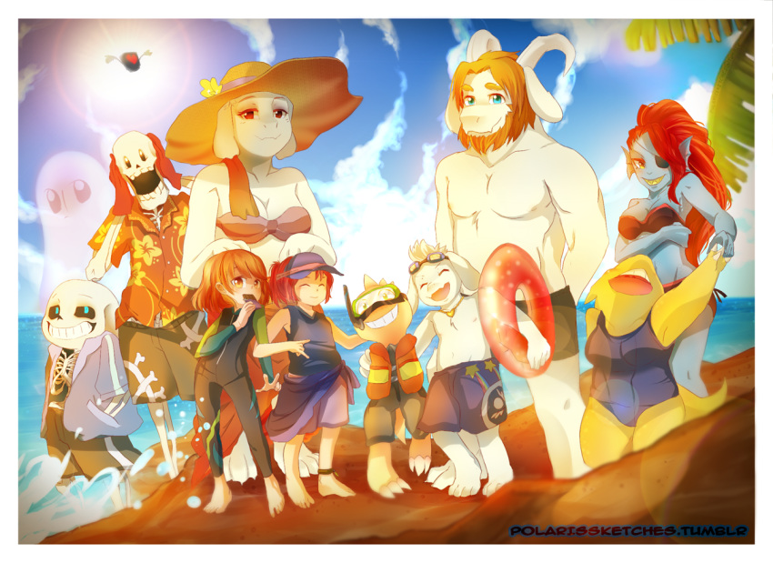 2016 alphys animated_skeleton anthro armless asgore_dreemurr asriel_dreemurr beach big_breasts bikini bone boss_monster breasts caprine chara_(undertale) cleavage clothed clothing female fish gaster ghost goat group human lizard machine male mammal marine mature_female mettaton monster_kid napstablook papyrus_(undertale) photo polarissketches protagonist_(undertale) reptile robot sans_(undertale) scalie seaside skeleton smile spirit swimsuit toriel undead undertale undyne video_games