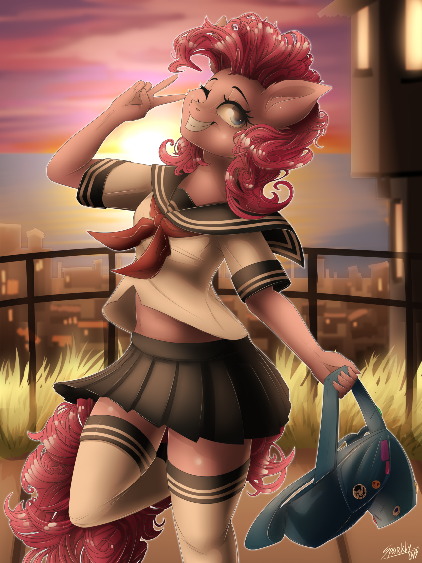 2018 5_fingers absurd_res anthro backpack blue_eyes building city clothed clothing cloud cute earth_pony equine eyebrows eyelashes female friendship_is_magic fully_clothed grass grin hair hi_res holding_object horse legwear mammal my_little_pony one_eye_closed outside pink_hair pinkie_pie_(mlp) pony portrait pose railing school_uniform signature skirt sky smile socks solo sparklyon3 standing sun sunset teeth thigh_highs three-quarter_portrait uniform v_sign