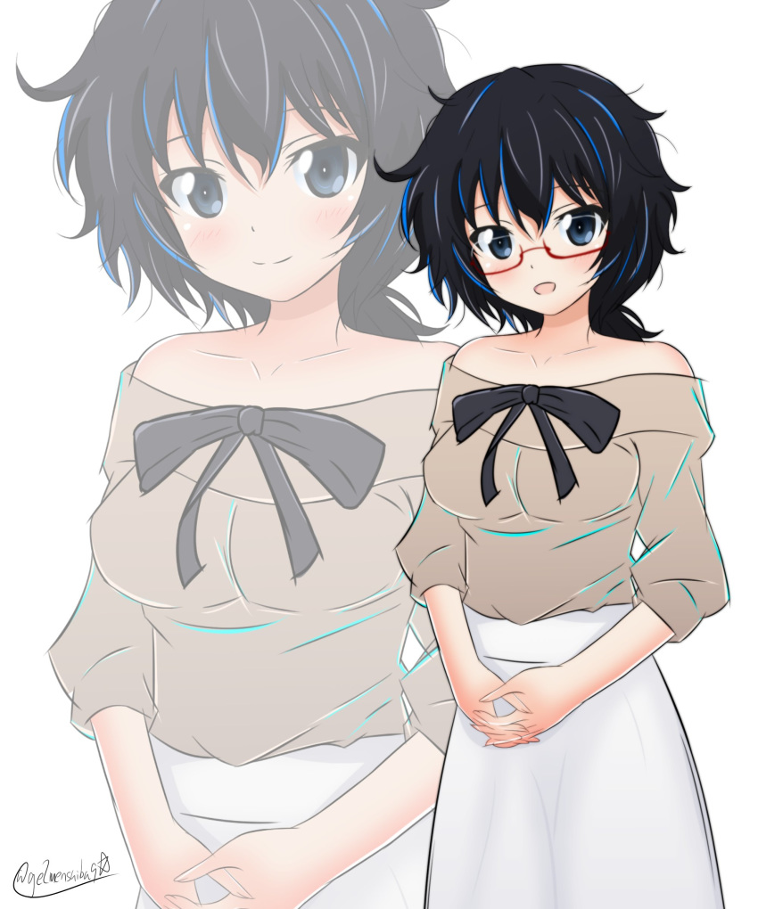 absurdres artist_name bare_shoulders black_eyes black_hair bow_shirt brown_shirt casual closed_mouth collarbone commentary cowboy_shot getsumen_suibaku_ver._a(c) girls_und_panzer glasses hands_together highres interlocked_fingers long_skirt long_sleeves looking_at_viewer messy_hair no_eyewear off-shoulder_shirt open_mouth oryou_(girls_und_panzer) red-framed_eyewear semi-rimless_eyewear shirt short_hair short_ponytail signature simple_background skirt smile solo standing under-rim_eyewear white_background white_skirt zoom_layer