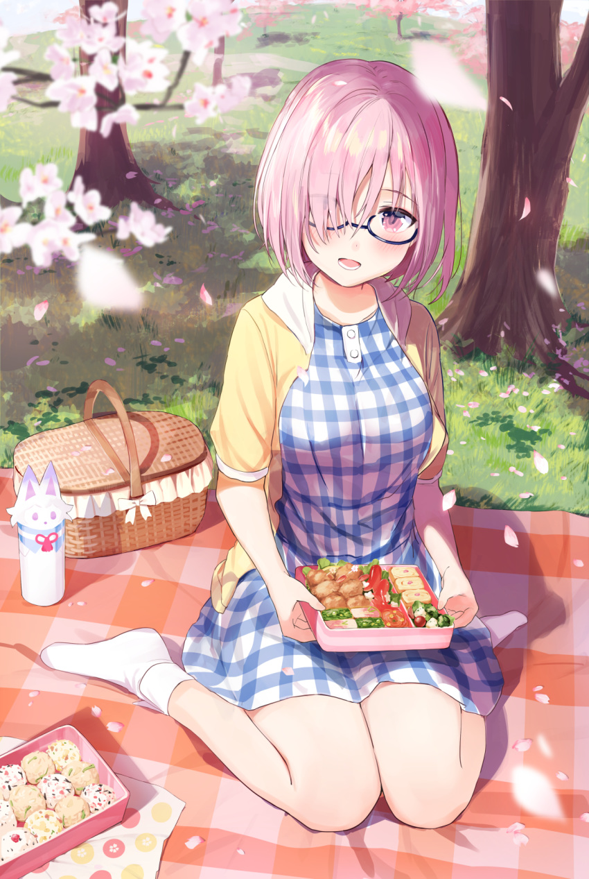 :d basket black-framed_eyewear blanket blue_dress blurry blurry_foreground blush bow box breasts casual checkered checkered_dress cherry_blossoms day depth_of_field dress eyes_visible_through_hair fate/grand_order fate_(series) food fou_(fate/grand_order) full_body glasses grass hair_over_one_eye hanami head_tilt highres holding holding_box jacket looking_at_viewer mash_kyrielight medium_breasts nanotaro no_shoes obentou on_ground open_clothes open_jacket open_mouth outdoors pink_hair purple_eyes shade shiny shiny_hair short_hair short_sleeves smile socks solo spring_(season) thermos tree white_bow white_legwear wrapper yellow_jacket