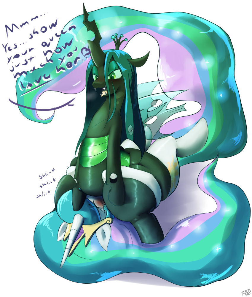 2013 big_butt black_body blush butt changeling corruption crown cunnilingus cutie_mark dialogue duo english_text equine facesitting fangs female female/female feral forced friendship_is_magic fur green_eyes green_hair hair hi_res horn insect_wings looking_down mammal multicolored_hair my_little_pony open_mouth oral princess_celestia_(mlp) queen_chrysalis_(mlp) queening sex smothering text trinity-fate62 unicorn vaginal white_fur wings
