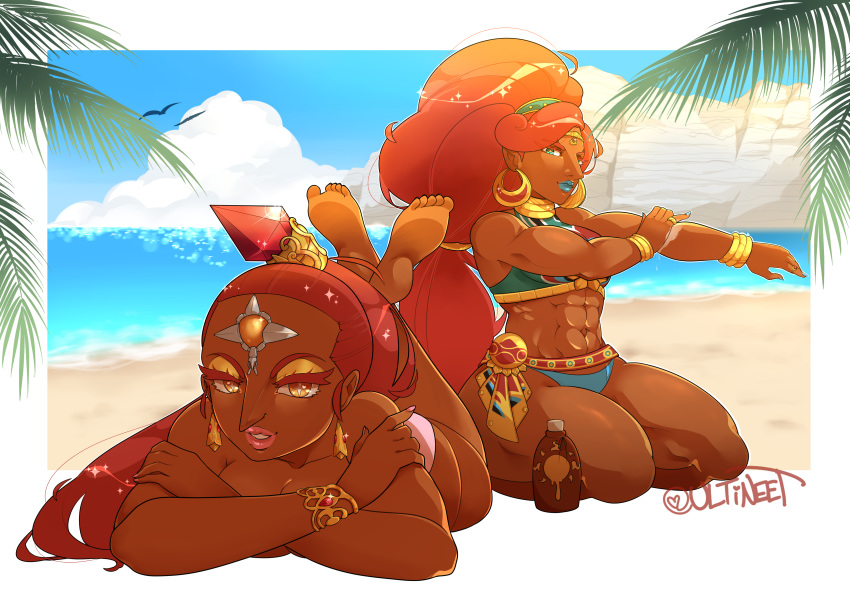 absurdres big_hair breasts dark_skin earrings full_body gerudo green_eyes highres hoop_earrings jewelry large_breasts lipstick long_hair looking_at_viewer makeup multiple_girls muscle muscular_female nabooru pointy_ears ponytail red_hair smile the_legend_of_zelda the_legend_of_zelda:_breath_of_the_wild the_legend_of_zelda:_ocarina_of_time ultimatewarrior urbosa yellow_eyes