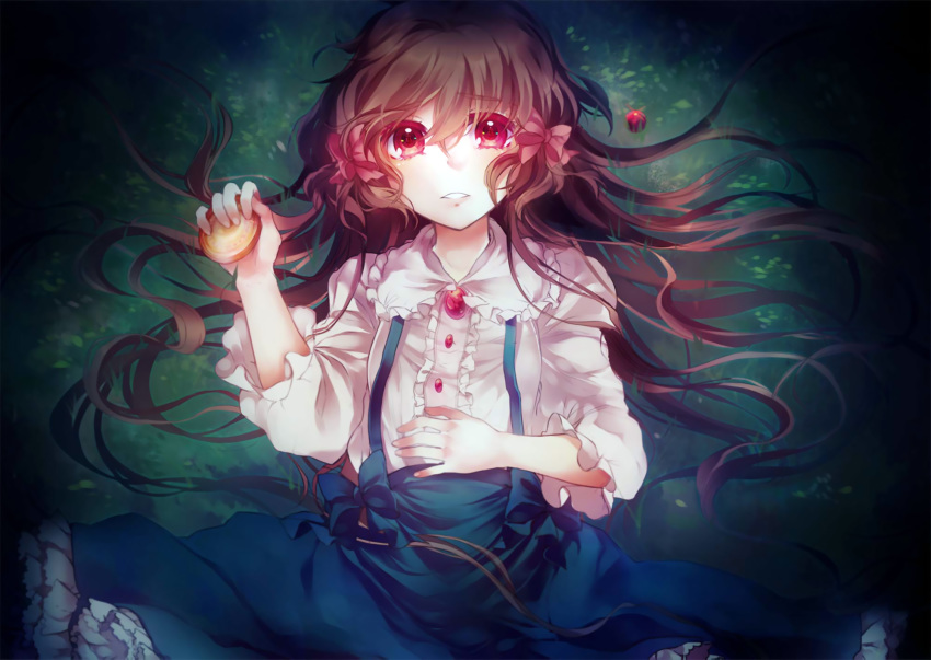 bangs brown_hair goldia_die_heilige grass highres kirame_kirai lolita_fashion long_hair marble official_art pocket_mirror pocket_watch protagonist_(pocket_mirror) red_eyes ribbon solo watch worried