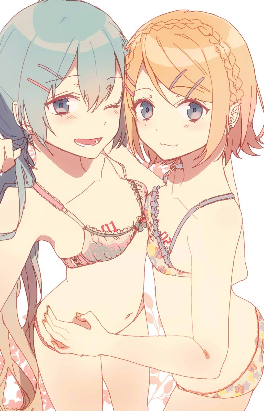 :3 ;d absurdres aqua_eyes aqua_hair bare_arms bare_shoulders barrette blonde_hair blush bra breast_press breast_tattoo breasts collarbone earrings flat_chest floral_print frilled_bra frills hand_on_another's_waist hatsune_miku highres jam_(zamuchi) jewelry kagamine_rin lace lace-trimmed_bra lace-trimmed_panties lingerie long_hair looking_at_viewer midriff multiple_girls navel number one_eye_closed open_mouth panties short_braid short_hair small_breasts smile symmetrical_docking tattoo twintails underwear very_long_hair vocaloid