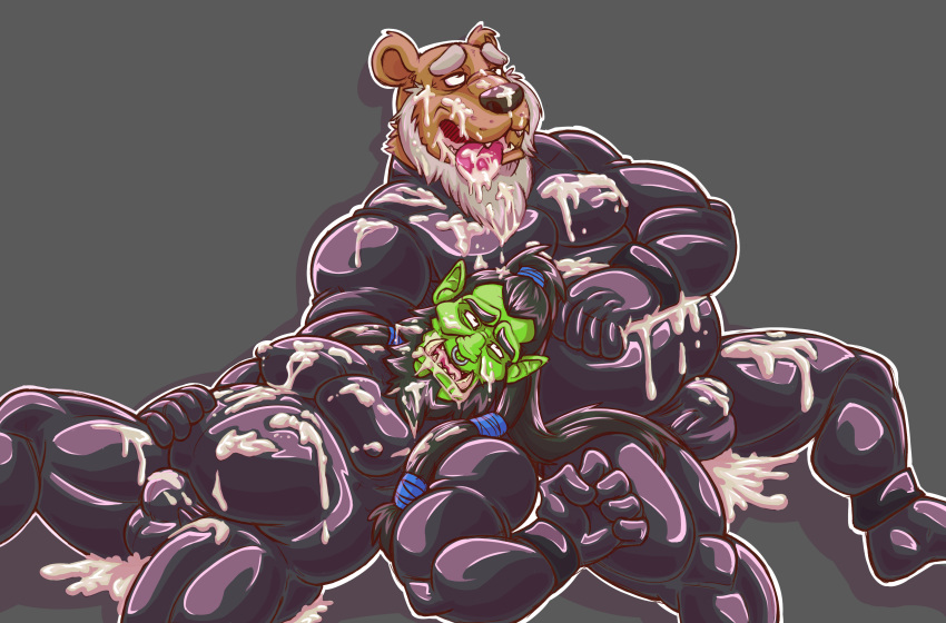 2016 5_fingers absurd_res after_sex anthro bear beard black_nose bodysuit brown_fur bulge clothed clothing cum cum_everywhere cum_in_mouth cum_inside cum_on_chest cum_on_face cum_on_ground cum_on_tongue digital_drawing_(artwork) digital_media_(artwork) duo excessive_cum facial_hair facial_piercing fur green_skin grey_background griz_urso hair hi_res humanoid interspecies male male/male mammal messy muscular muscular_male nose_piercing nose_ring open_mouth orc overweight piercing ponytail rubber shiny simple_background skinsuit smile teeth thrall tight_clothing tongue tongue_out video_games warcraft