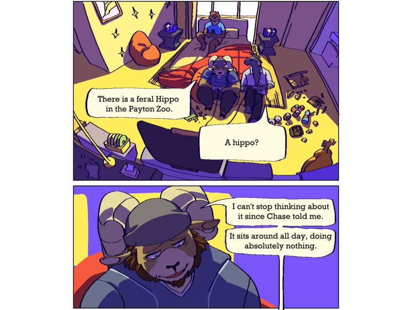 4:3 anthro asian_small-clawed_otter bean_bag beanie beard bed bighorn_sheep bovid caprine carl_hendricks chase_hunter clothed clothing comic dialogue echo_(game) echo_(series) echo_project electronics english_text facial_hair flynn_moore furniture gaming gila_monster group hat headgear headwear helodermatid hi_res inside lizard male mammal messy mustelid otter phwog playing_video_game reptile scalie sheep sitting speech_bubble television text trio window