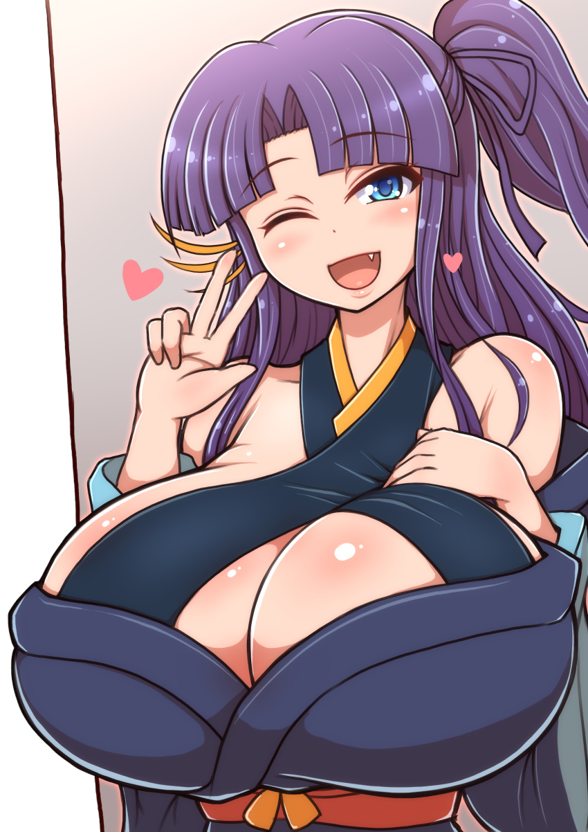 1girl bare_shoulders blue_eyes borrowed_character breasts cleavage female heart highres huge_breasts indoors japanese_clothes looking_at_viewer one_eye_closed open_mouth ponpo purple_hair side_ponytail solo standing upper_body v wink yukata