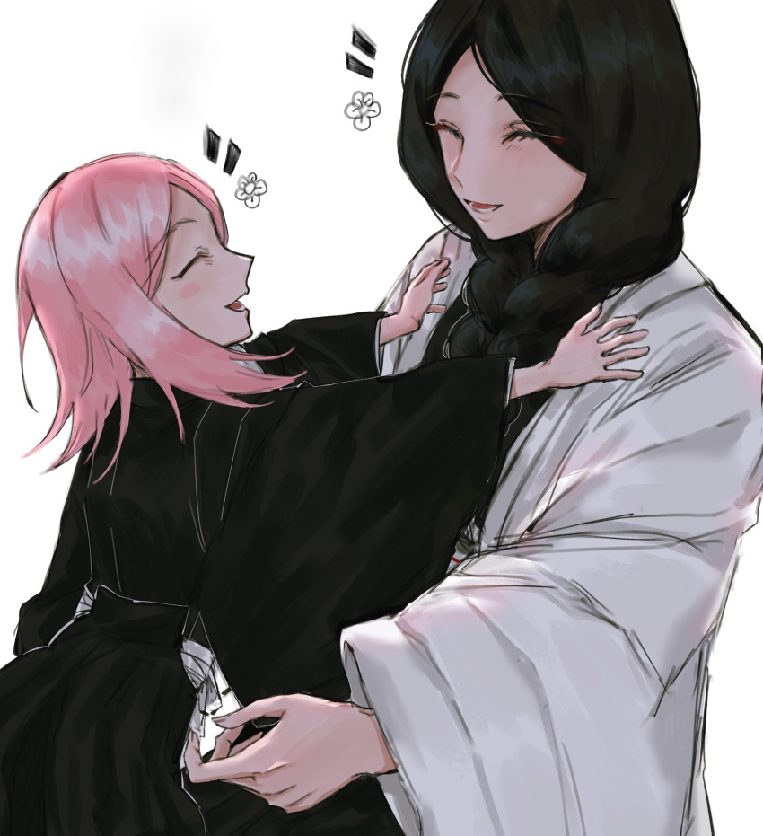 2girls anima_tion_1 black_hair black_kimono bleach blush_stickers braid closed_eyes haori highres japanese_clothes kimono kusajishi_yachiru medium_hair multiple_girls pink_hair shihakusho size_difference taichou_haori unohana_retsu white_haori wide_sleeves
