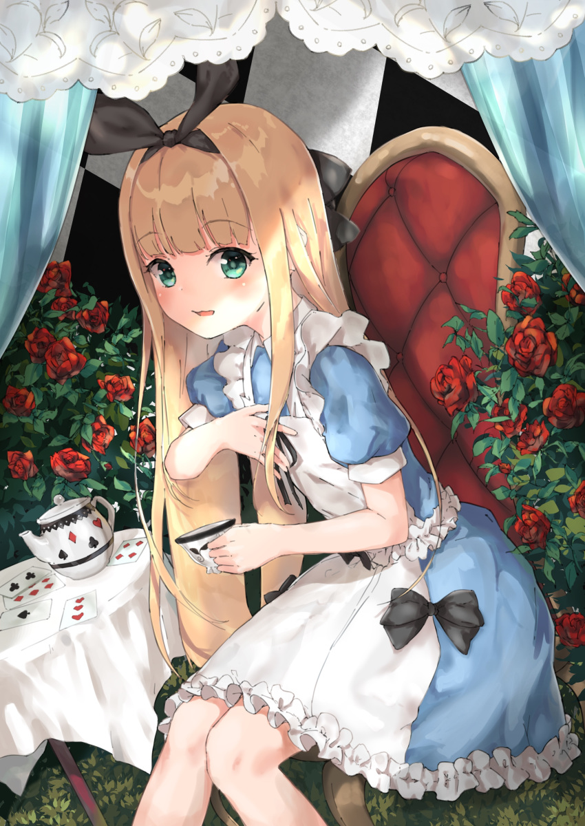 absurdres apron bangs black_bow black_hairband black_ribbon blonde_hair blush bow card chair checkered checkered_wall commentary cup curtains dress epi_zero eyebrows_visible_through_hair flower green_eyes hair_bow hairband highres long_hair looking_at_viewer mononobe_alice nijisanji open_mouth playing_card puffy_short_sleeves puffy_sleeves ribbon rose short_sleeves smile solo table tablecloth tea teacup teapot very_long_hair virtual_youtuber white_apron