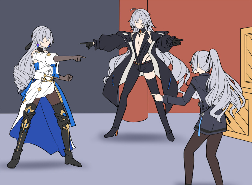 3girls asumi_kana asymmetrical_clothes benghuai_xueyuan black_coat black_gloves black_leotard black_pants black_pantyhose black_thighhighs blue_coat blue_skirt box breasts bronya_rand bronya_zaychik bronya_zaychik_(outstanding_attitude) bronya_zaychik_(silverwing:_n-ex) coat company_connection dress drill_hair gloves grey_hair honkai:_star_rail honkai_(series) honkai_impact_3rd large_breasts leotard leotard_under_clothes long_hair meme multiple_girls nabeiro_kin name_connection pants pantyhose pointing_spider-man_(meme) single_pantsleg single_thighhigh skirt thighhighs trait_connection very_long_hair voice_actor_connection white_dress