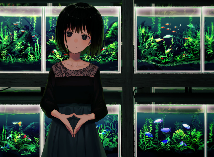 achiki aquarium bangs black_eyes black_hair black_shirt black_skirt closed_mouth commentary_request eyebrows_visible_through_hair fingernails fingers_together fish head_tilt high-waist_skirt long_sleeves looking_at_viewer original shirt skirt solo water