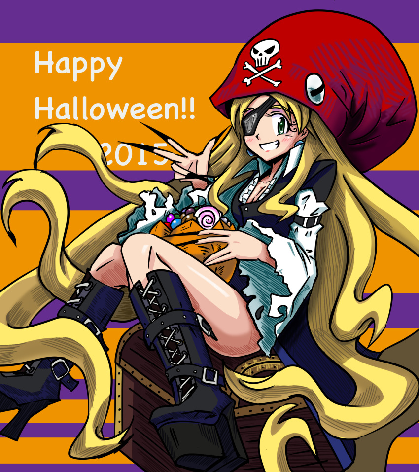 2015 bare_legs belt_boots black_nails blonde_hair blue_earrings blush bonnet boots breasts candy cleavage commentary_request dated earrings eyepatch fingernails food green_eyes halloween halloween_costume hand_gesture happy_halloween hat high_heels highres jewelry kalinka_cossack long_fingernails long_hair medium_breasts nail_polish pirate_costume rockman rockman_(classic) rockman_xover saikoraru sharp_fingernails sitting sitting_on_chest skull skull_and_crossbones smile solo teeth torn_clothes torn_sleeves treasure_chest