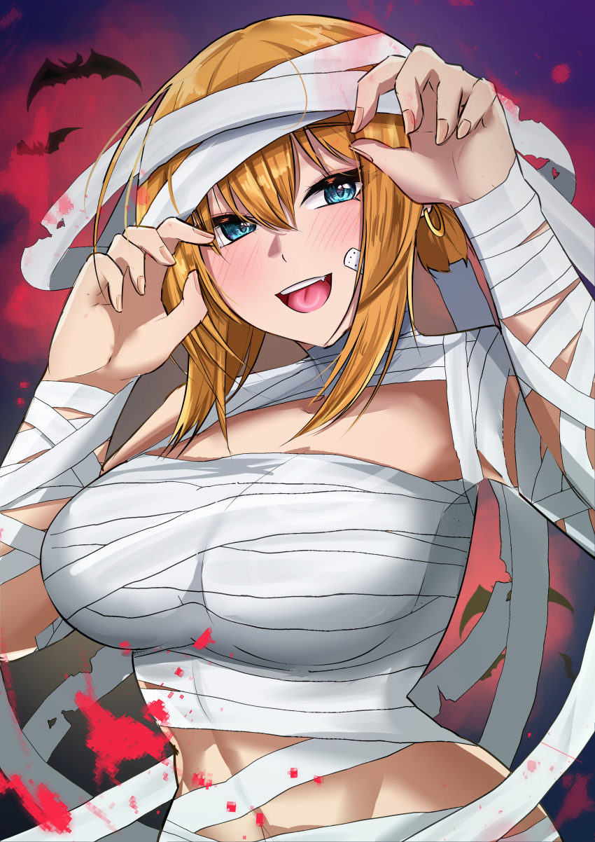 1girl :d absurdres bandaged_arm bandaged_head bandaged_neck bandaged_torso bandages bandaid bandaid_on_cheek bandaid_on_face blonde_hair blue_eyes blush breasts chest_sarashi claw_pose commentary_request cowboy_shot cutoli_ukuwa ear_piercing fang goddess_of_victory:_nikke hair_between_eyes halloween halloween_costume hands_up highres large_breasts looking_at_viewer maxwell_(nikke) mummy_costume naked_bandage navel open_mouth piercing sarashi short_hair short_hair_with_long_locks sidelocks simple_bat smile solo standing stomach teeth toned toned_female upper_teeth_only