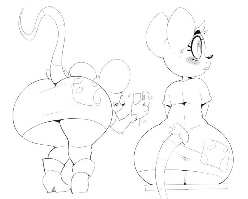 anthro bent_over big_butt black_and_white blush boots butt clothing eyelashes female footwear mammal monochrome mouse peasant_mouse rear_view rodent scrub_brush sitting solo super_planet_dolan vimhomeless