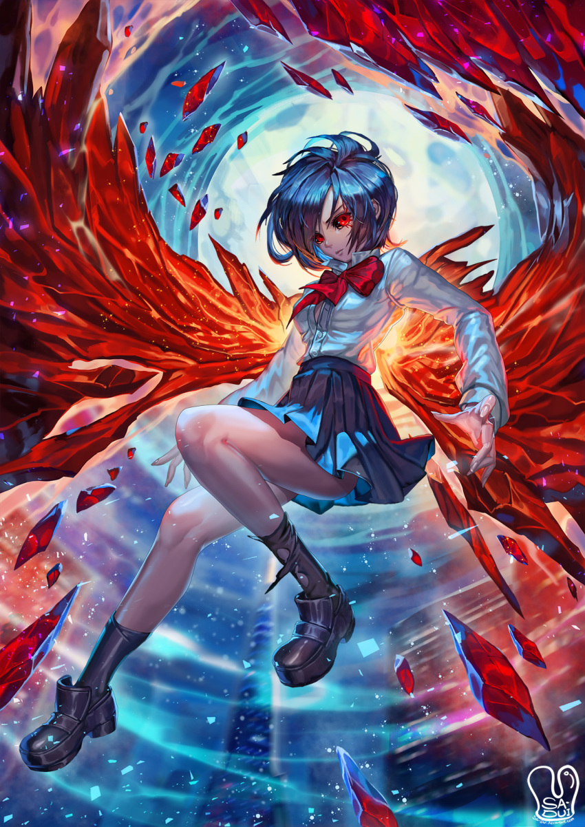 black_legwear black_sclera blue_hair blue_skirt bow bowtie closed_mouth commentary commission english_commentary fingernails flying highres kirishima_touka long_sleeves looking_at_viewer pleated_skirt red_eyes red_neckwear sa-dui shirt shoes signature skirt socks solo tokyo_ghoul torn_clothes torn_legwear white_shirt wings