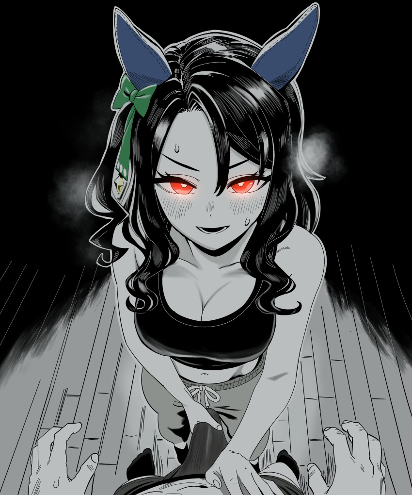 1boy 1girl absurdres animal_ears blush bow breasts bulge cleavage commentary crotch_grab ear_bow ear_covers english_commentary erection erection_under_clothes foreshortening green_bow greyscale hair_between_eyes hand_on_another's_crotch highres horse_ears horse_girl horse_tail king_halo_(umamusume) kunitoro_(artist) large_breasts limited_palette looking_at_viewer medium_hair monochrome one_side_up open_mouth pov red_eyes smile sports_bra standing sweat tail umamusume v-shaped_eyebrows