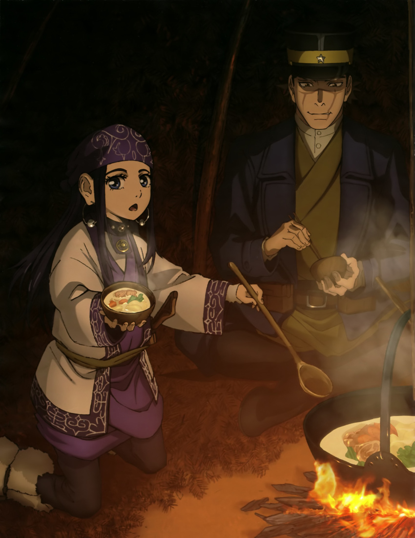 1girl absurdres ainu_clothes artist_request asirpa bandana belt black_choker black_footwear black_hair black_hat blue_eyes blue_jacket blue_pants boots brown_eyes brown_hair choker chopsticks crossed_legs earrings fire fireplace food food_bowl fur_boots golden_kamuy green_kimono hat highres indoors jacket japanese_clothes jewelry kimono kneeling long_hair looking_at_viewer magazine_request night official_art open_mouth outstretched_arm pants print_bandana purple_bandana scan scar shirt sitting smirk sugimoto_saichi uniform white_shirt