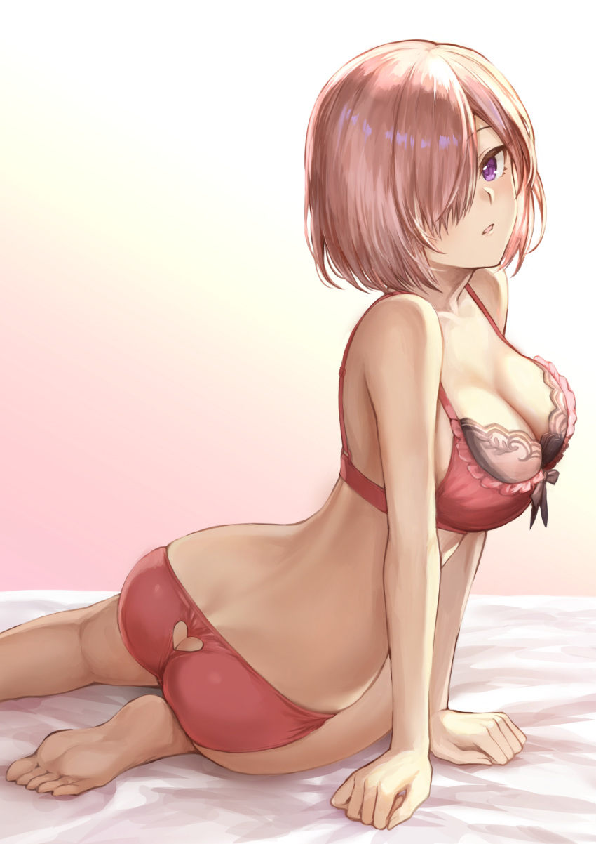 arched_back artist_name ass ass_cutout back bangs barefoot black_bow blush bow bow_bra bra breasts cleavage collarbone commentary fate/grand_order fate_(series) gradient gradient_background hair_over_one_eye heart_cutout highres lingerie looking_at_viewer mash_kyrielight mashu_003 medium_breasts panties parted_lips pink_hair purple_eyes red_bra red_panties short_hair signature sitting soles solo tsurime twitter_username underwear underwear_only yokozuwari