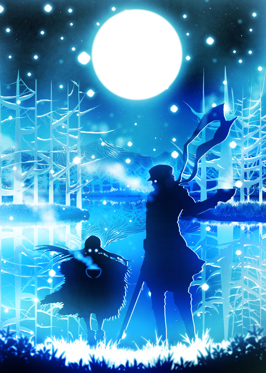1girl absurdres asirpa bad_id bad_pixiv_id bare_tree blue blurry blurry_foreground breath cape commentary depth_of_field full_moon golden_kamuy grass gun harada_miyuki highres holding holding_gun holding_weapon jacket lake monochrome moon night outdoors pants rifle scarf silhouette standing steam sugimoto_saichi tree weapon