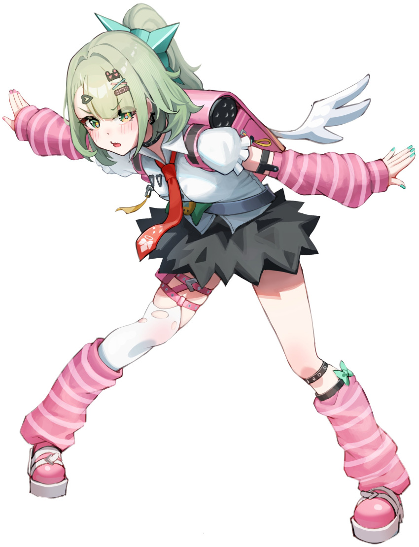 1girl absurdres aqua_nails arm_warmers bandaid bandaid_hair_ornament black_skirt blush commentary_request dress earrings frilled_dress frills full_body fur-trimmed_skirt fur_trim green_eyes green_hair hair_ornament heart heart_hair_ornament highres jewelry leg_warmers legs_apart looking_at_viewer matsuhisa_(ryo-tsuda1) multicolored_nails multiple_hair_clips multiple_thigh_straps musical_note_earrings necktie open_mouth outstretched_arms pink_arm_warmers pink_bag pink_leg_warmers pink_nails pink_shoes ponytail red_necktie shirt shoes simple_background skirt solo spread_arms standing striped_arm_warmers striped_leg_warmers sunna_(zenless_zone_zero) thigh_strap v-shaped_eyebrows white_background white_shirt white_wings winged_bag wings zenless_zone_zero
