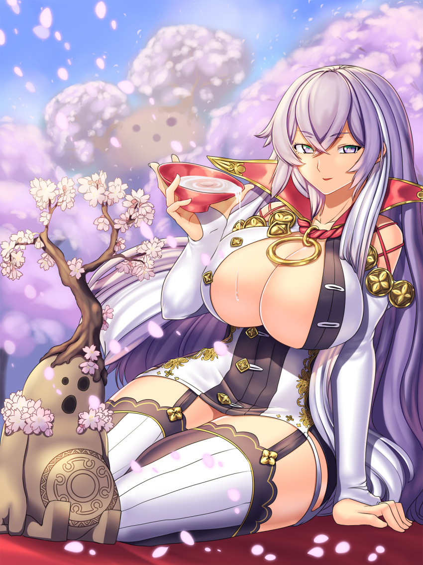 breasts bridal_gauntlets cherry_blossoms commentary_request cup elbow_gloves eyebrows_visible_through_hair garter_straps gloves hand_up high_collar highres huge_breasts isabelle_(shadowverse) long_hair looking_at_viewer outdoors purple_eyes purple_hair sakazuki shadowverse sitting smile solo thick_thighs thighhighs thighs very_long_hair white_gloves yui_sora