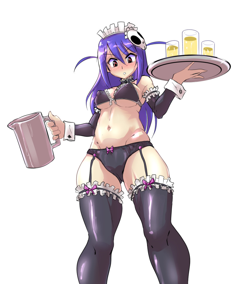 bichosan black_legwear blue_hair bra erect_nipples haqua_d'rot_herminium kami_nomi_zo_shiru_sekai navel panties simple_background skull_hair_ornament solo tagme thighhighs waitress