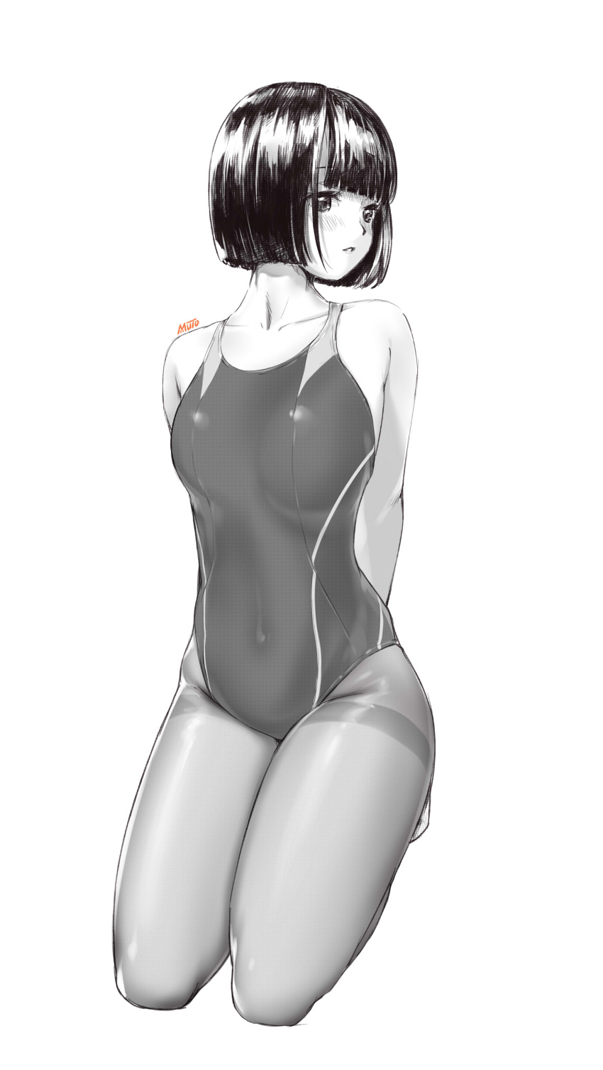 absurdres arms_behind_back artist_name bangs bare_arms bare_shoulders blunt_bangs blush bob_cut breasts collarbone competition_swimsuit covered_navel full_body highres kneeling looking_away looking_to_the_side medium_breasts monochrome muto one-piece_swimsuit original pantyhose pantyhose_under_swimsuit parted_lips shiny shiny_hair short_hair simple_background skin_tight solo spot_color swimsuit thighband_pantyhose white_background