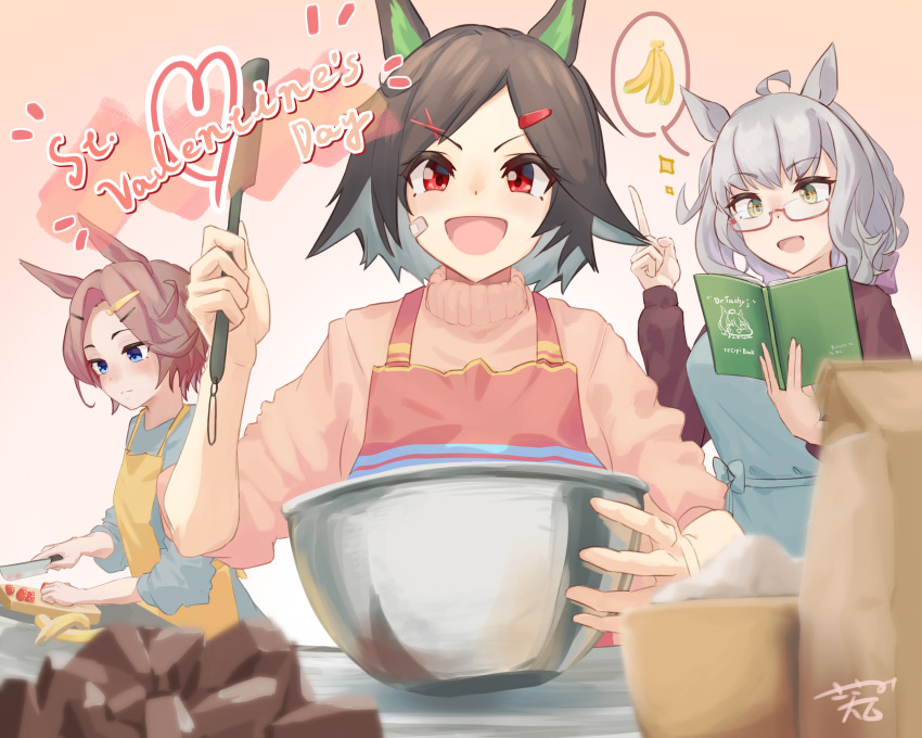 3girls absurdres ahoge animal_ears apron baking banana bandaid bandaid_on_cheek bandaid_on_face biwa_hayahide_(umamusume) black_hair blue_apron blue_eyes blue_sweater blush bnw_(umamusume) breasts brown_hair chocolate chopping closed_mouth cover cover_page ear_ornament flour_(cookie) food fruit glasses grey_hair hair_between_eyes hair_ornament heart highres holding holding_knife holding_spatula horse_ears horse_girl kitchen_knife knife long_hair long_sleeves mixing_bowl multiple_girls narita_taishin_(umamusume) open_mouth pink_sweater purple_sweater red-framed_eyewear red_apron red_eyes sasami_oishine semi-rimless_eyewear shirt short_hair smile spatula speech_bubble spoken_food sweater swept_bangs umamusume under-rim_eyewear winning_ticket_(umamusume) yellow_apron yellow_eyes